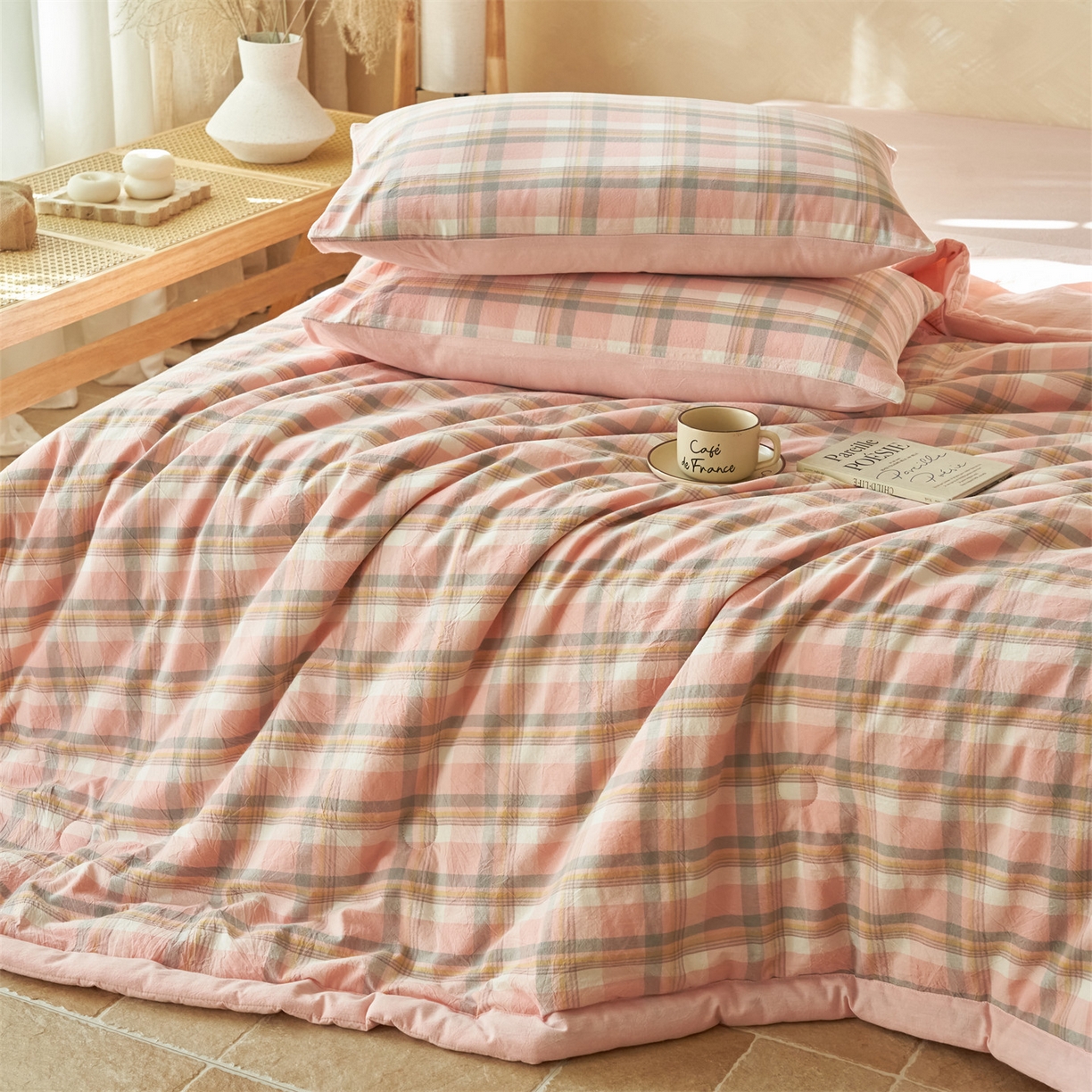 91家纺网 家纺一手货源 找家纺 恒爱家纺 2026新款A类色织全棉水洗夏被四件套 NLS莫尼-玉