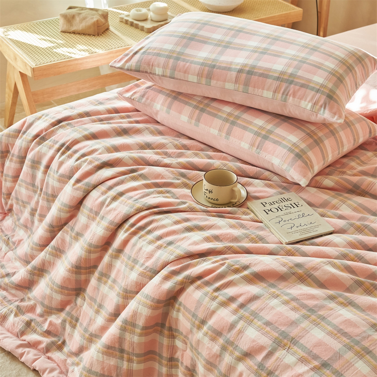 91家纺网 家纺一手货源 找家纺 恒爱家纺 2026新款A类色织全棉水洗夏被四件套 NLS莫尼-玉