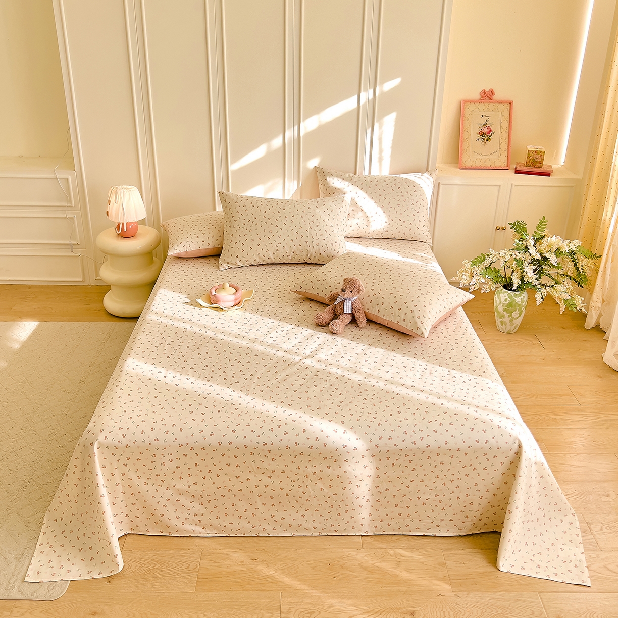 91家纺网 家纺一手货源 找家纺 DoDo 兜兜 2026新款全棉纯棉小碎花单床单床单单件单品床单（可定做尺寸） 奶冻樱桃-粉