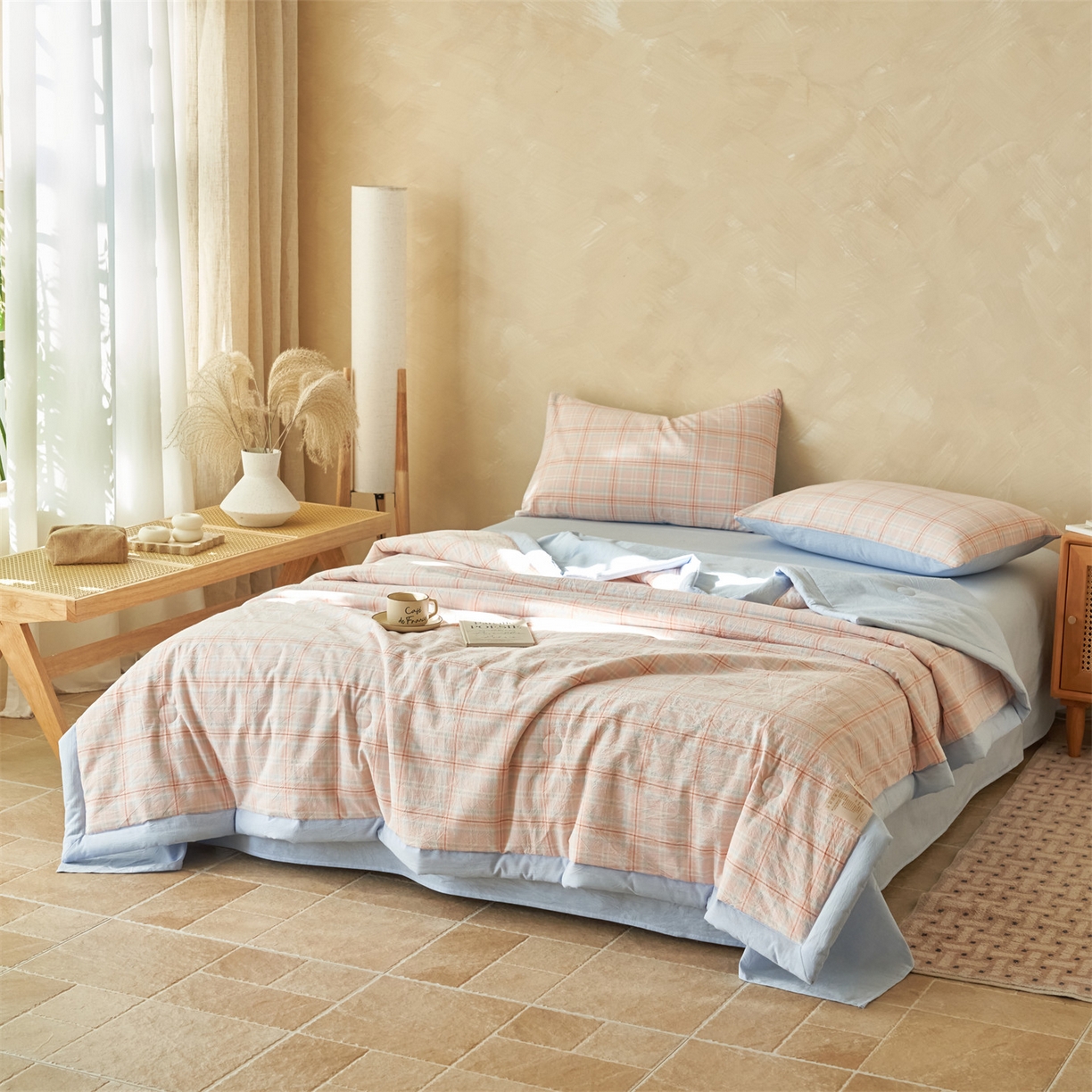 91家纺网 家纺一手货源 找家纺 恒爱家纺 2026新款A类色织全棉水洗夏被四件套 NS春野-桔