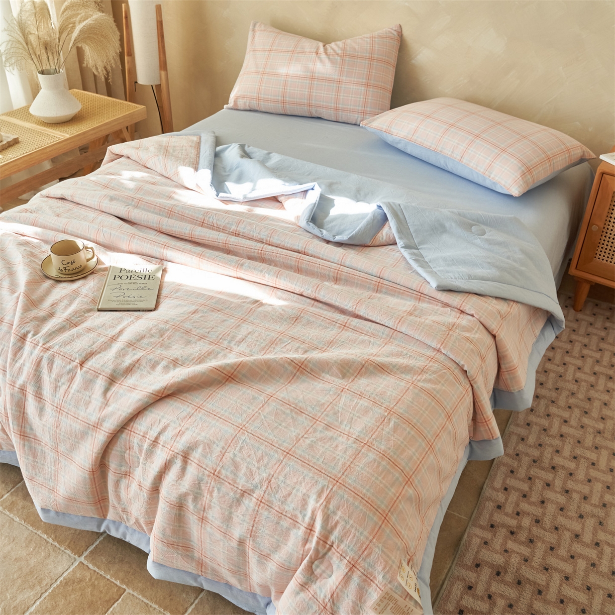 91家纺网 家纺一手货源 找家纺 恒爱家纺 2026新款A类色织全棉水洗夏被四件套 NS春野-桔