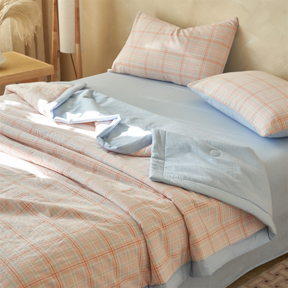 91家纺网 家纺一手货源 找家纺 恒爱家纺 2026新款A类色织全棉水洗夏被四件套 NS春野-桔