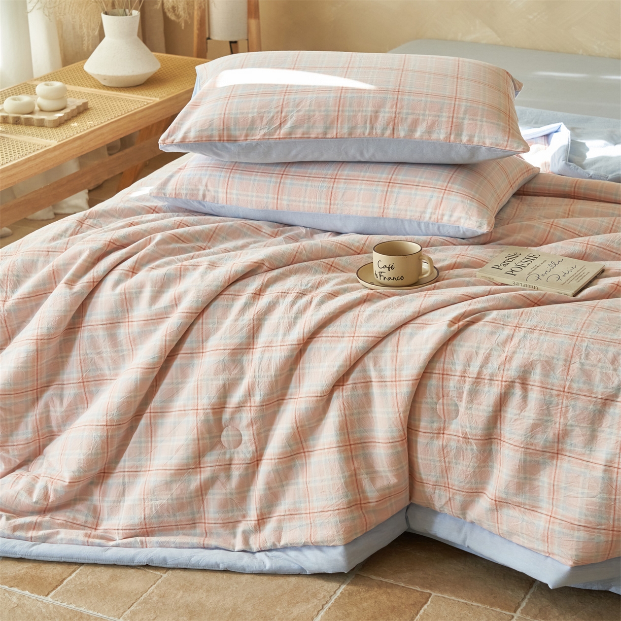 91家纺网 家纺一手货源 找家纺 恒爱家纺 2026新款A类色织全棉水洗夏被四件套 NS春野-桔