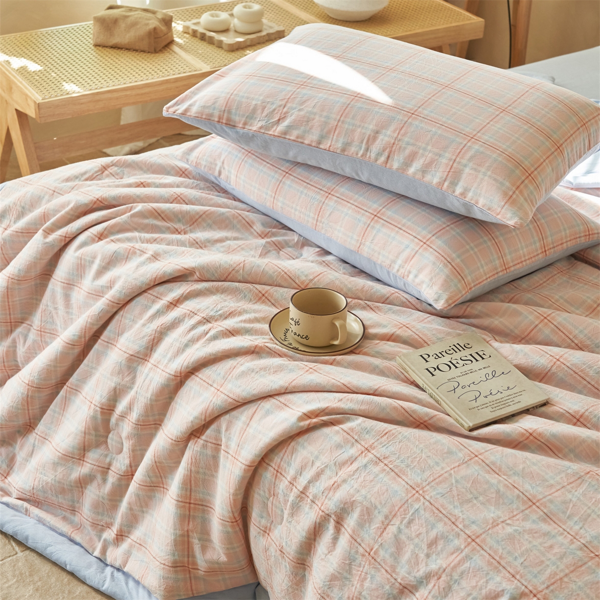 91家纺网 家纺一手货源 找家纺 恒爱家纺 2026新款A类色织全棉水洗夏被四件套 NS春野-桔