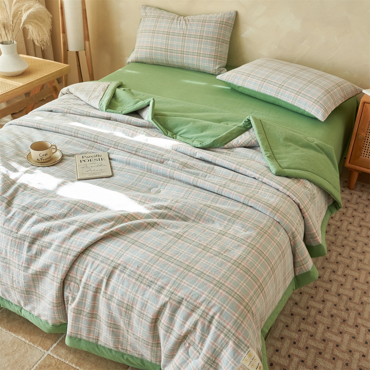 91家纺网 家纺一手货源 找家纺 恒爱家纺 2026新款A类色织全棉水洗夏被四件套 NS春野-绿