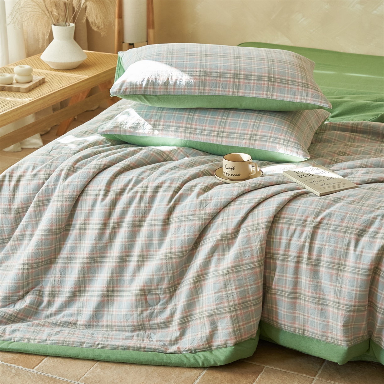 91家纺网 家纺一手货源 找家纺 恒爱家纺 2026新款A类色织全棉水洗夏被四件套 NS春野-绿