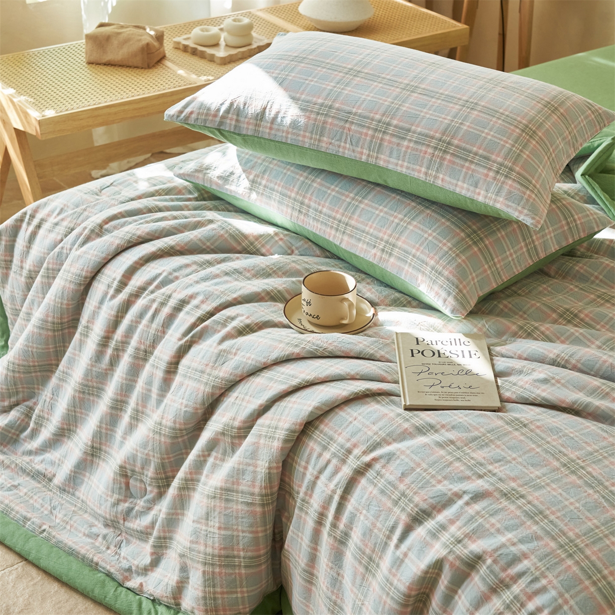 91家纺网 家纺一手货源 找家纺 恒爱家纺 2026新款A类色织全棉水洗夏被四件套 NS春野-绿