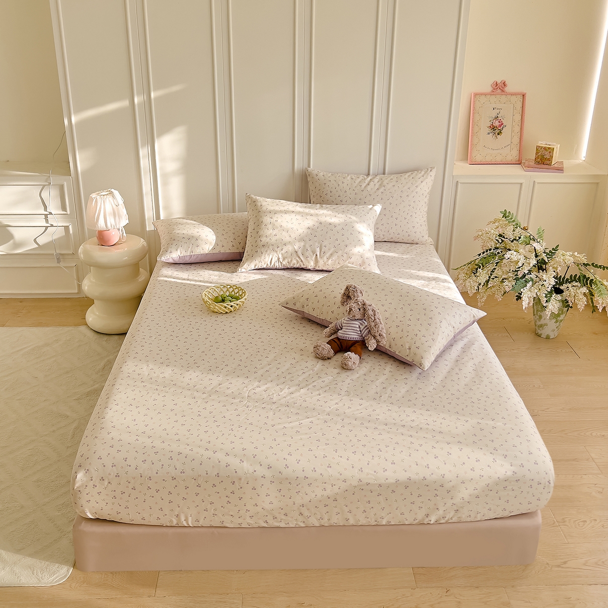 91家纺网 家纺一手货源 找家纺 DoDo 兜兜 2026新款全棉纯棉小碎花单床笠床笠单件单品床笠（可定做尺寸） 奶冻樱桃-紫