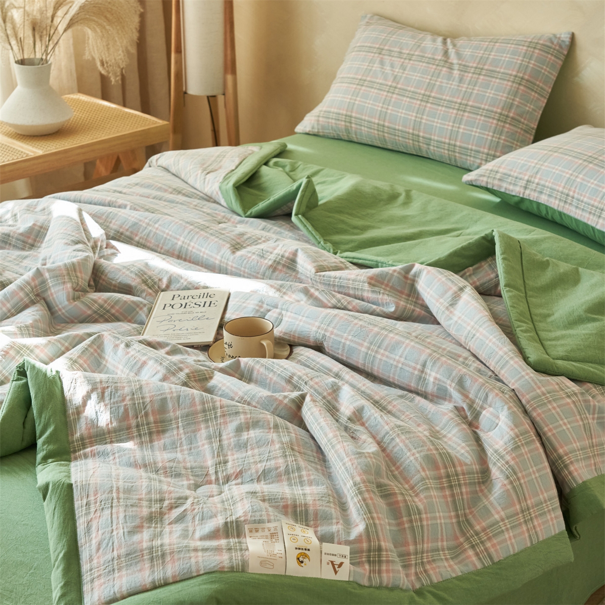 91家纺网 家纺一手货源 找家纺 恒爱家纺 2026新款A类色织全棉水洗夏被四件套 NS春野-绿