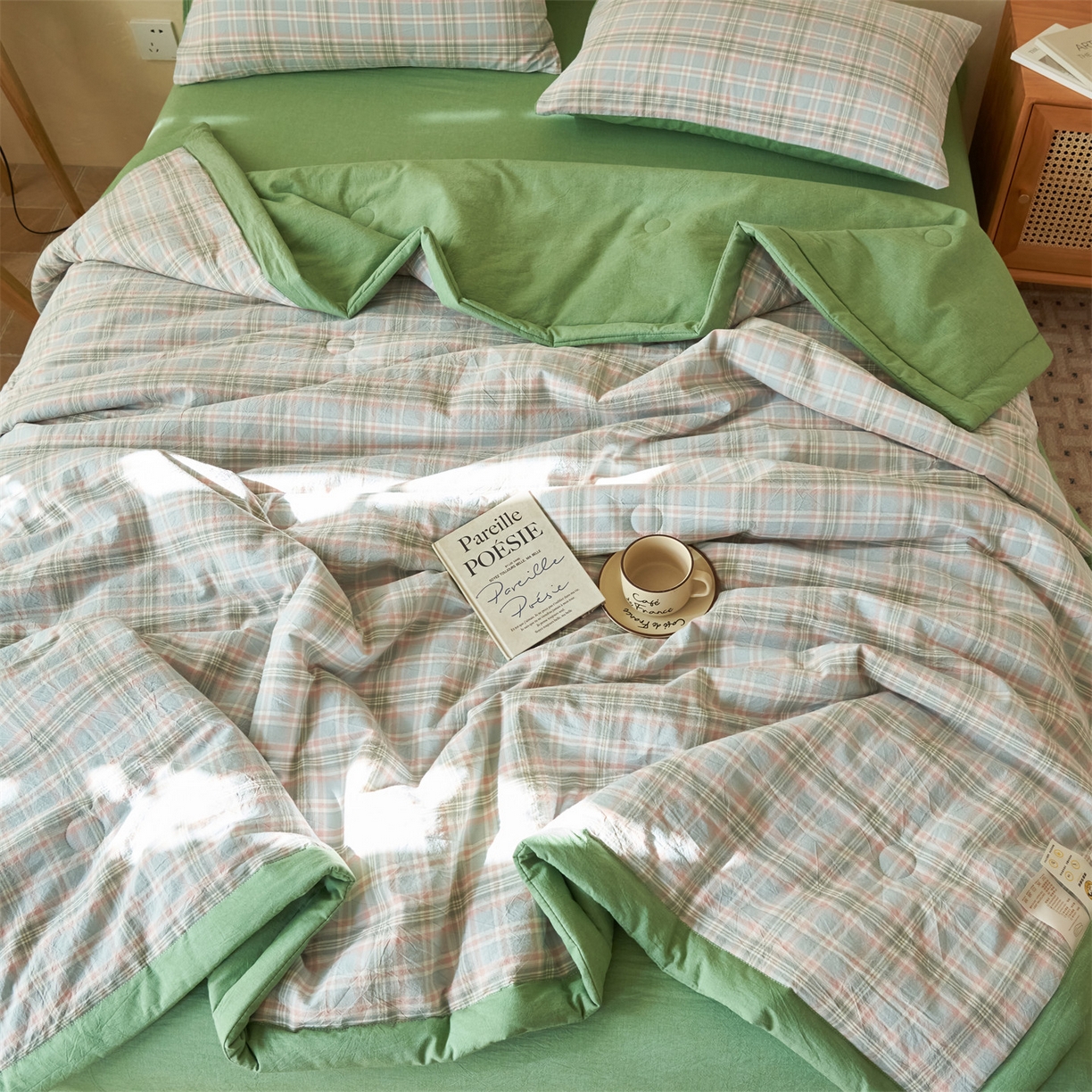 91家纺网 家纺一手货源 找家纺 恒爱家纺 2026新款A类色织全棉水洗夏被四件套 NS春野-绿