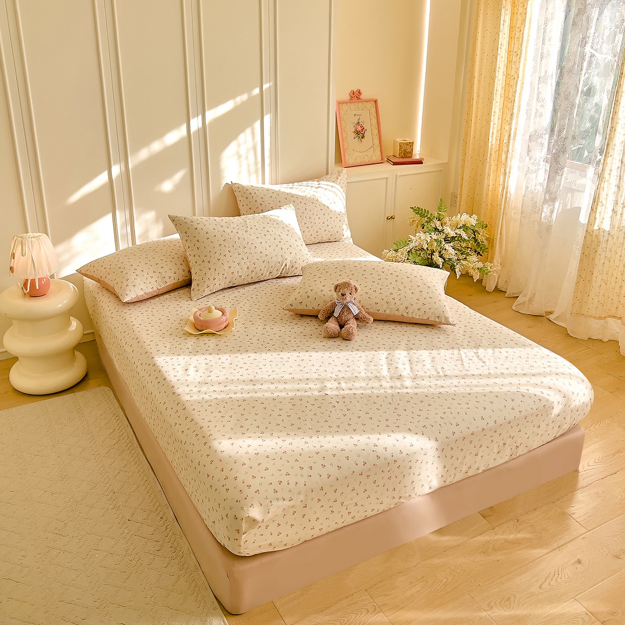 91家纺网 家纺一手货源 找家纺 DoDo 兜兜 2026新款全棉纯棉小碎花单床笠床笠单件单品床笠（可定做尺寸） 奶冻樱桃-粉