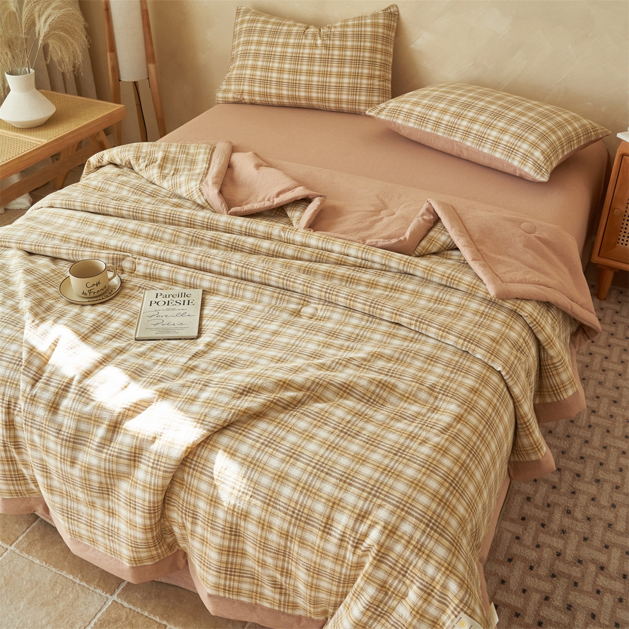 91家纺网 家纺一手货源 找家纺 恒爱家纺 2026新款A类色织全棉水洗夏被四件套 NS利奥-卡其