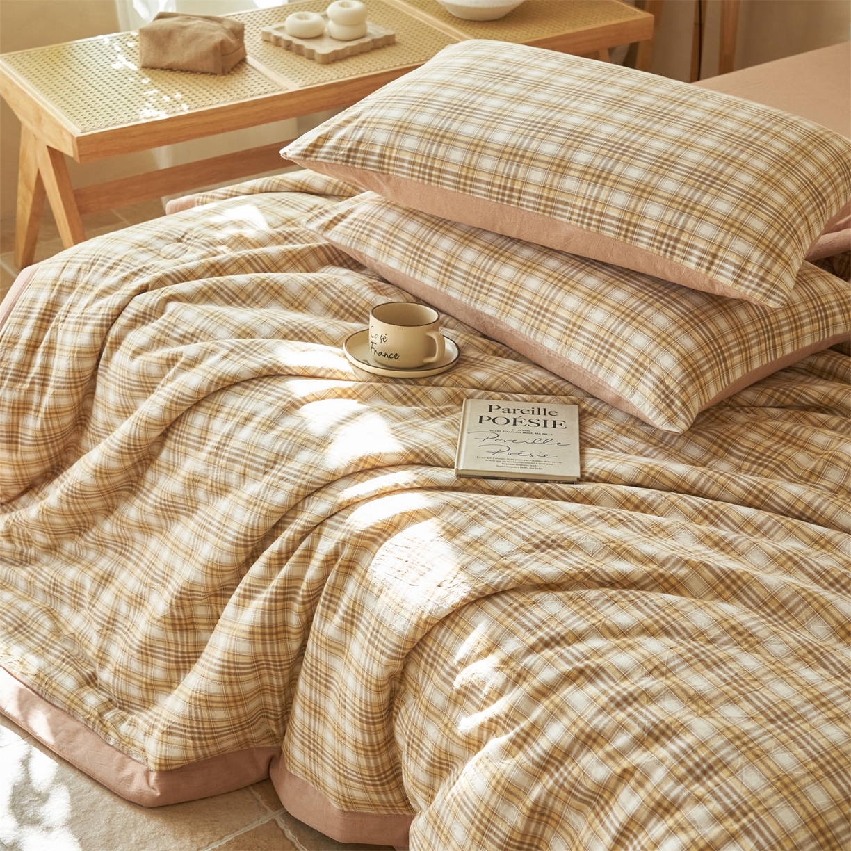 91家纺网 家纺一手货源 找家纺 恒爱家纺 2026新款A类色织全棉水洗夏被四件套 NS利奥-卡其