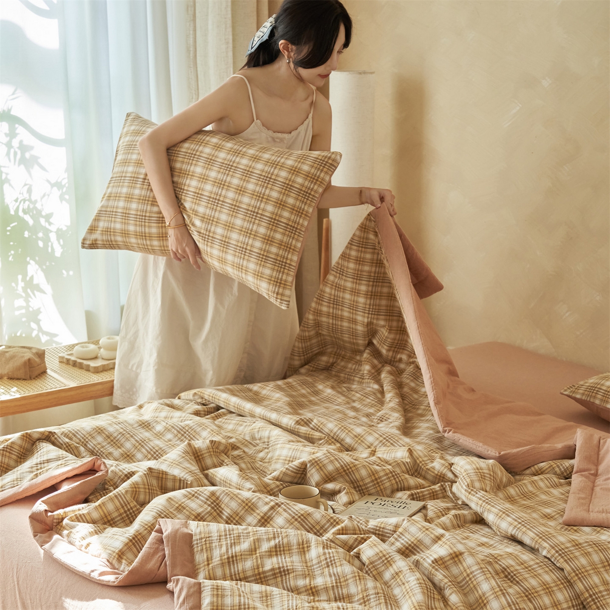 91家纺网 家纺一手货源 找家纺 恒爱家纺 2026新款A类色织全棉水洗夏被四件套 NS利奥-卡其