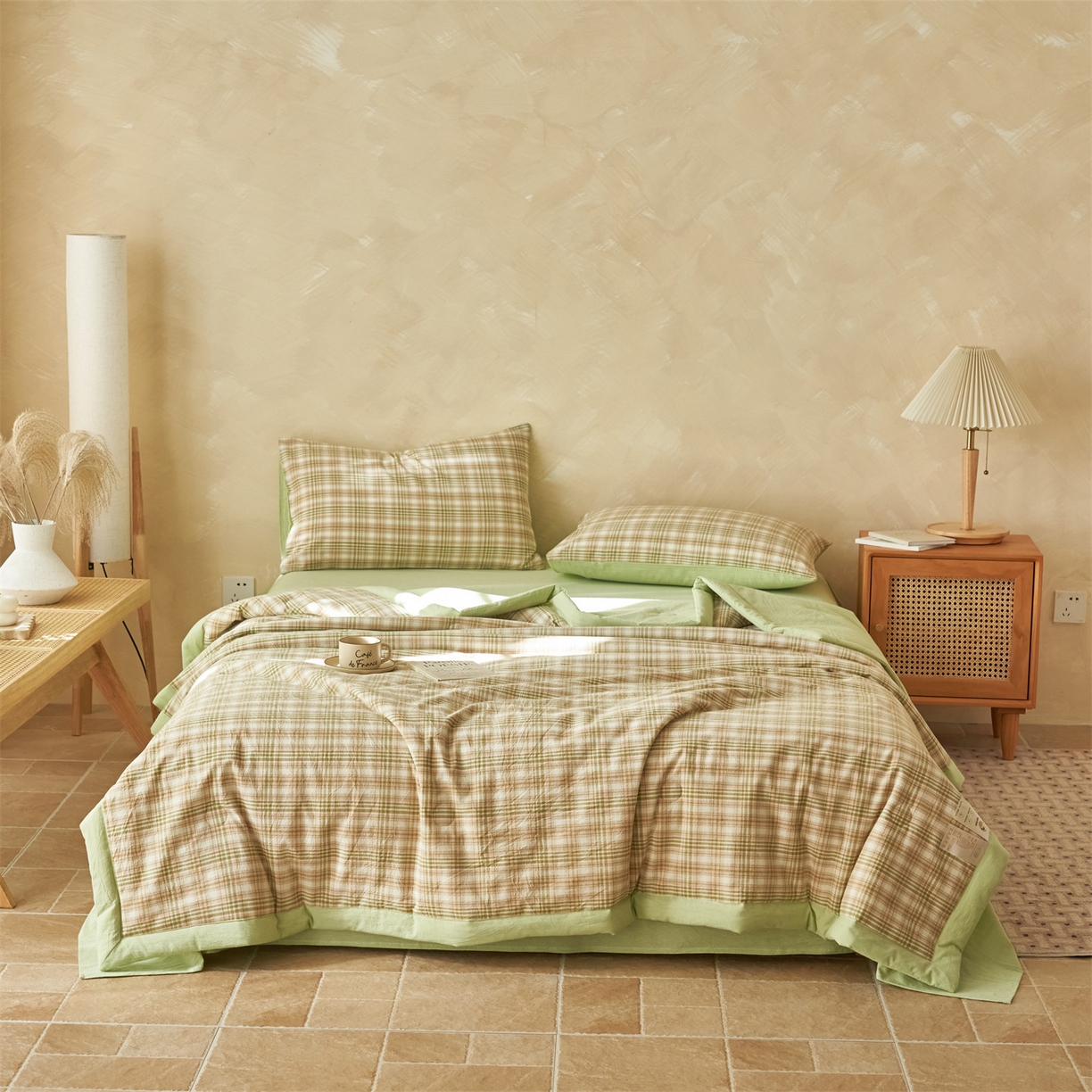 91家纺网 家纺一手货源 找家纺 恒爱家纺 2026新款A类色织全棉水洗夏被四件套 NS利奥-沁绿