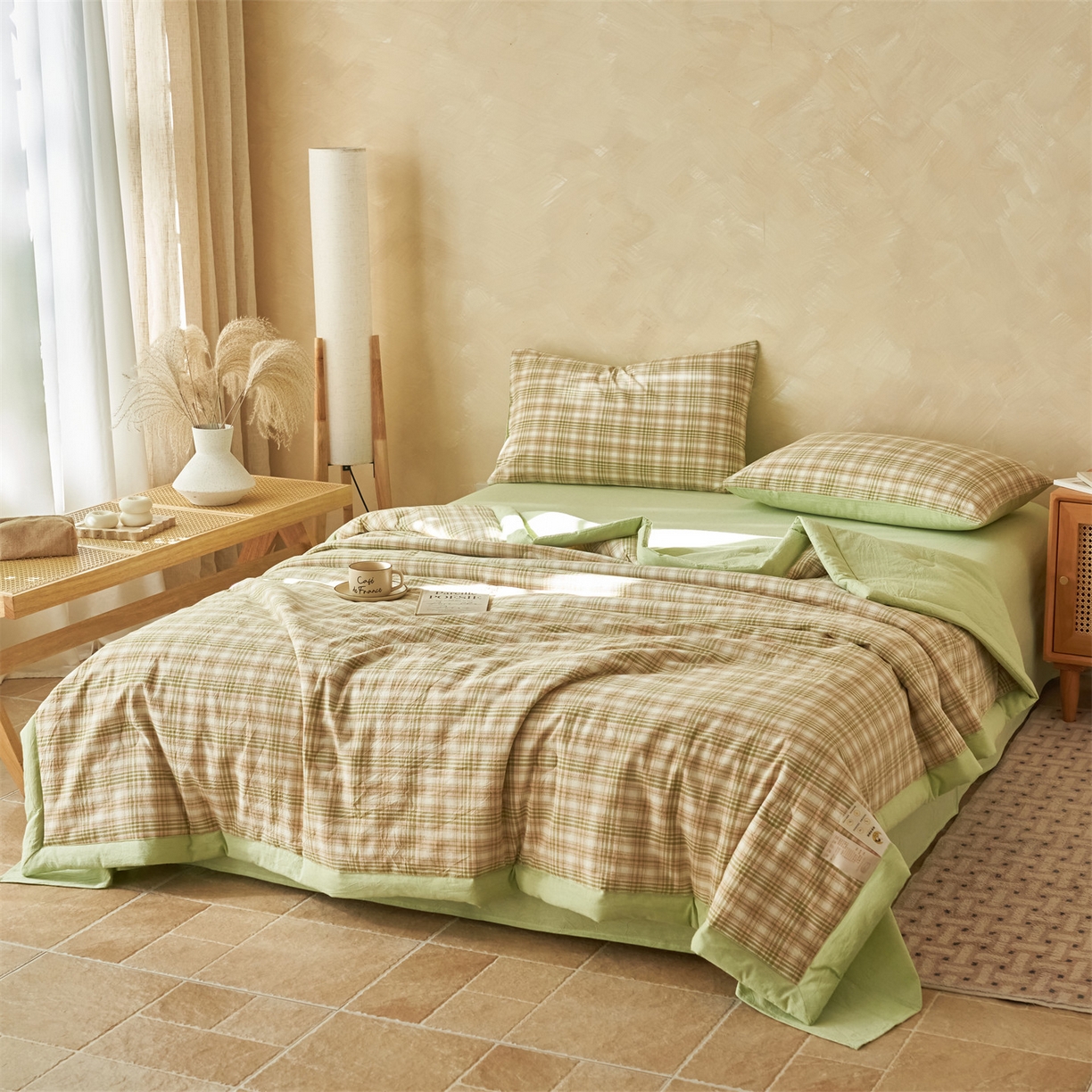 91家纺网 家纺一手货源 找家纺 恒爱家纺 2026新款A类色织全棉水洗夏被四件套 NS利奥-沁绿