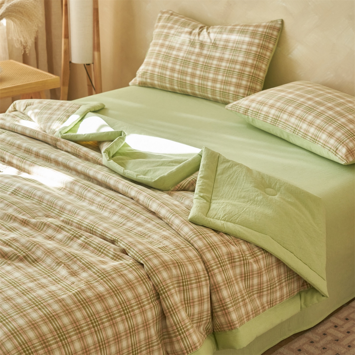 91家纺网 家纺一手货源 找家纺 恒爱家纺 2026新款A类色织全棉水洗夏被四件套 NS利奥-沁绿