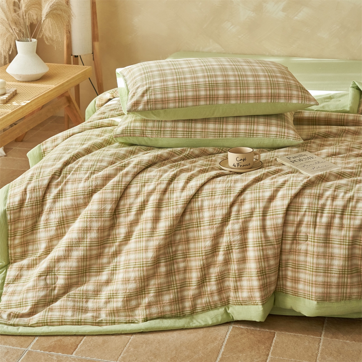 91家纺网 家纺一手货源 找家纺 恒爱家纺 2026新款A类色织全棉水洗夏被四件套 NS利奥-沁绿