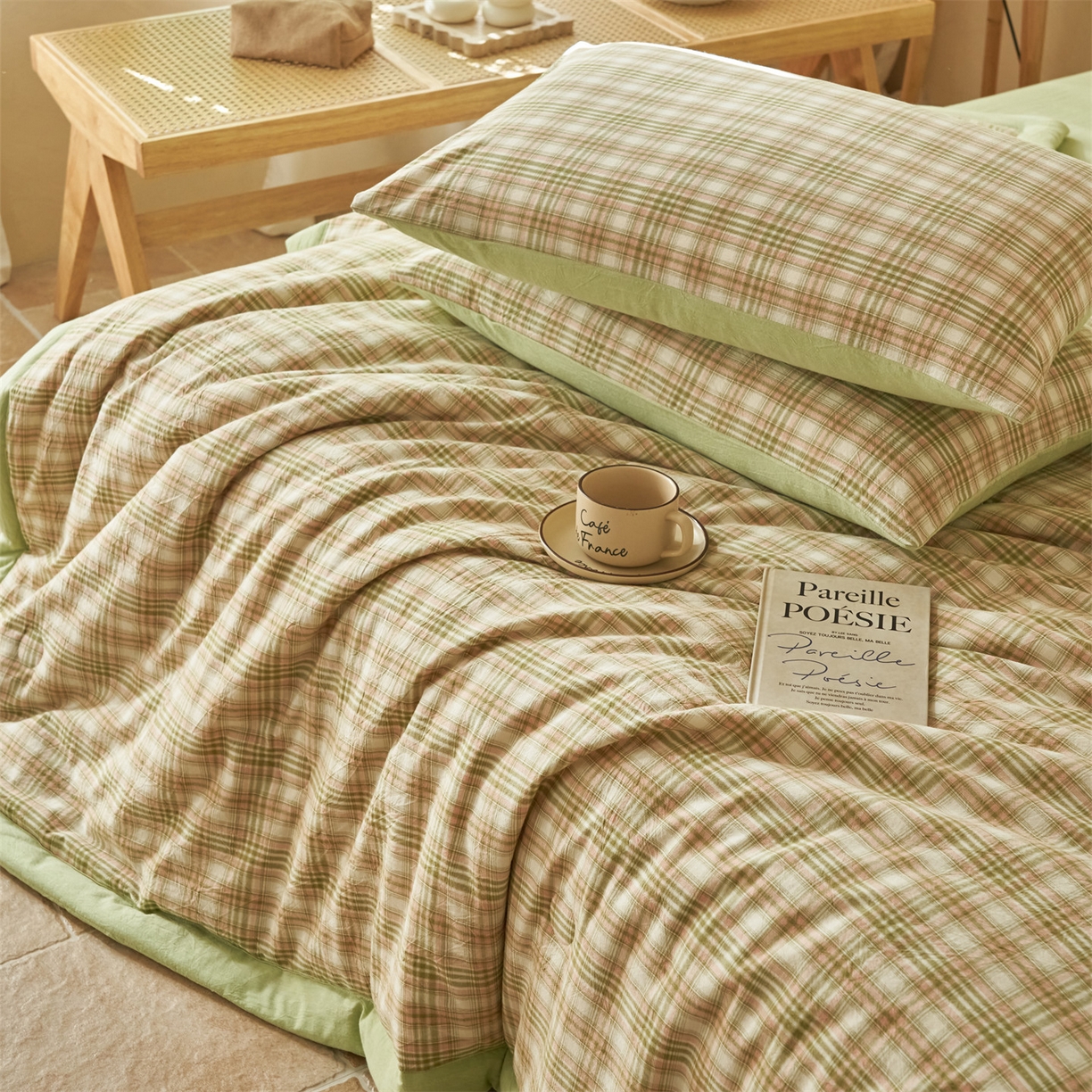 91家纺网 家纺一手货源 找家纺 恒爱家纺 2026新款A类色织全棉水洗夏被四件套 NS利奥-沁绿