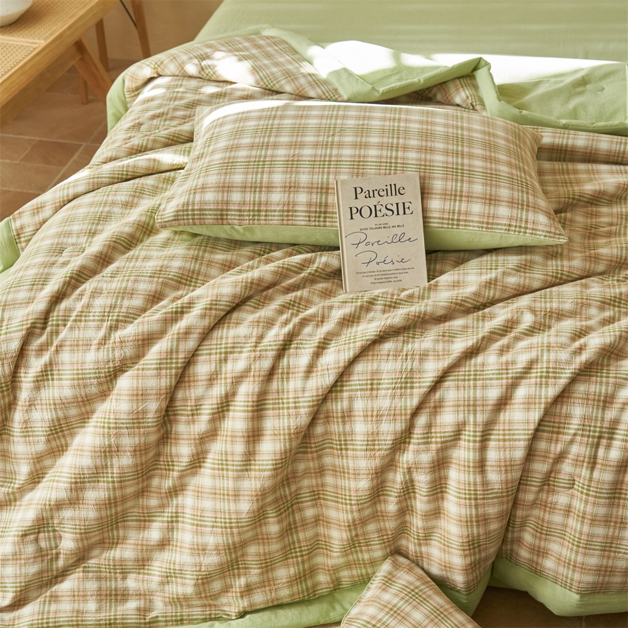 91家纺网 家纺一手货源 找家纺 恒爱家纺 2026新款A类色织全棉水洗夏被四件套 NS利奥-沁绿