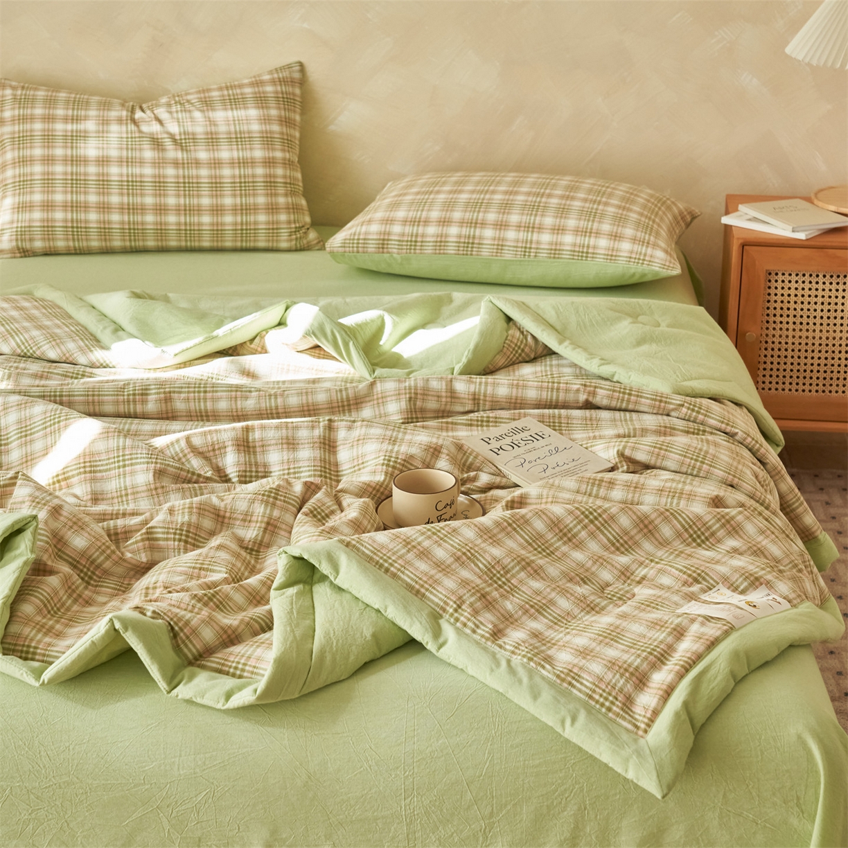 91家纺网 家纺一手货源 找家纺 恒爱家纺 2026新款A类色织全棉水洗夏被四件套 NS利奥-沁绿