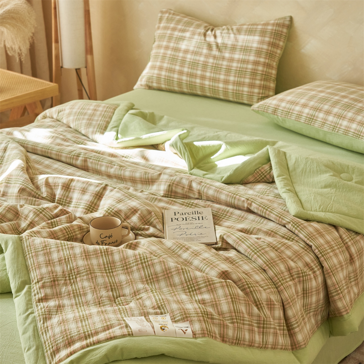 91家纺网 家纺一手货源 找家纺 恒爱家纺 2026新款A类色织全棉水洗夏被四件套 NS利奥-沁绿