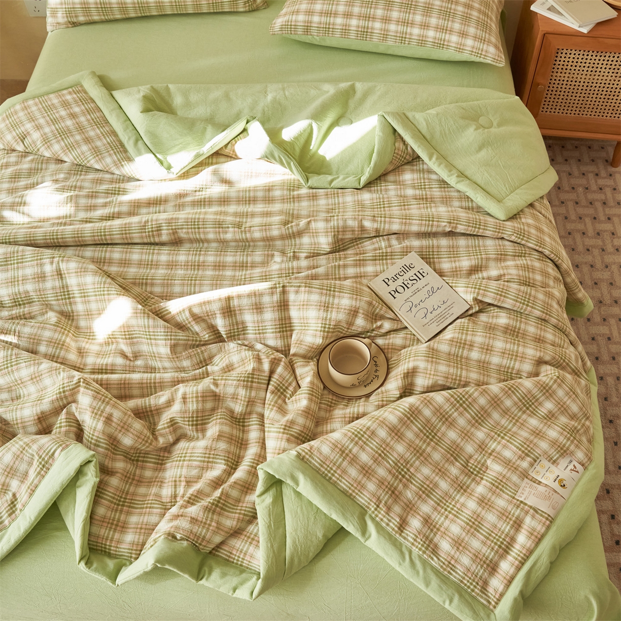 91家纺网 家纺一手货源 找家纺 恒爱家纺 2026新款A类色织全棉水洗夏被四件套 NS利奥-沁绿