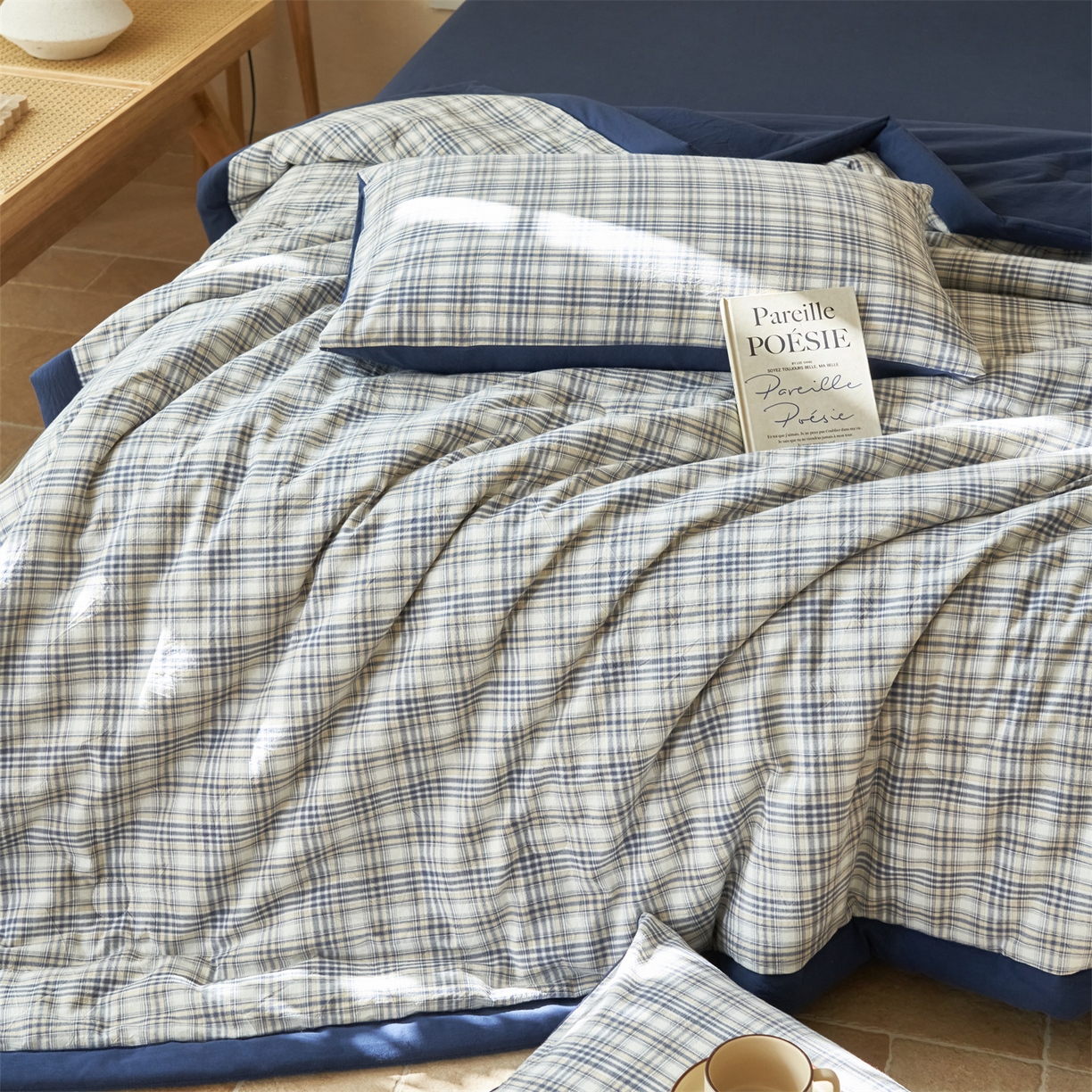 91家纺网 家纺一手货源 找家纺 恒爱家纺 2026新款A类色织全棉水洗夏被四件套 NS利奥-烟蓝