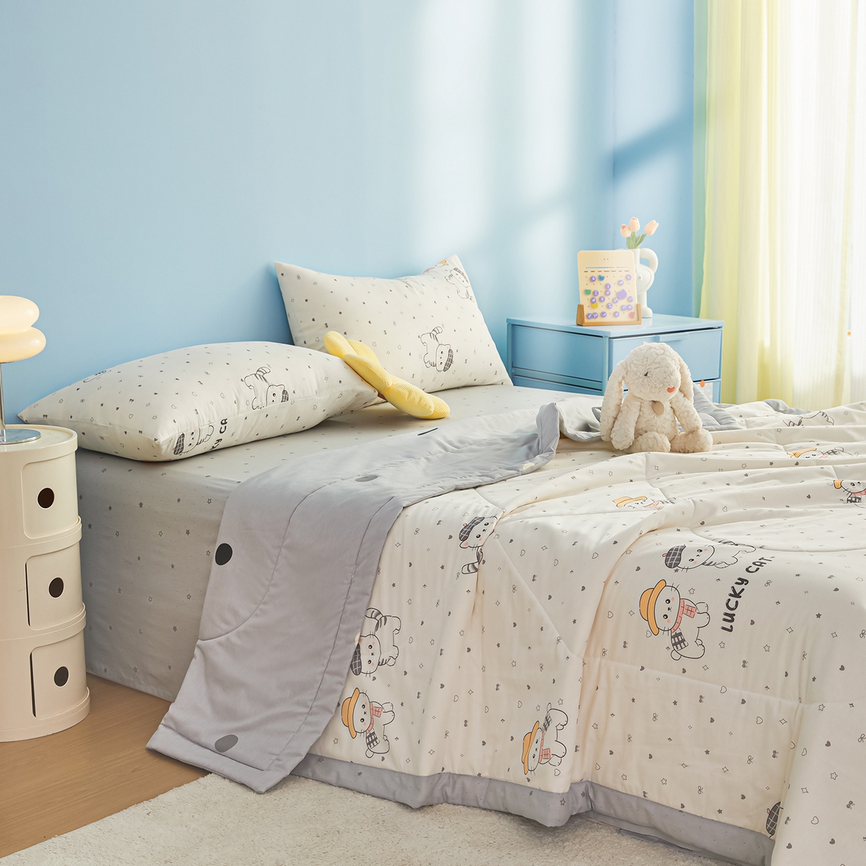 91家纺网 家纺一手货源 找家纺 尊妙被业 2026年新款全棉纯棉印花100%棉花夏被四件套被子被芯-卡通风 喜悦小咪