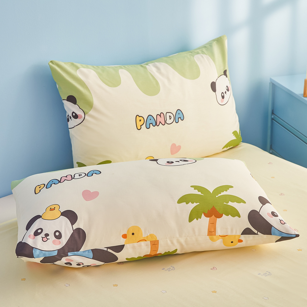 91家纺网 家纺一手货源 找家纺 尊妙被业 2026年新款全棉纯棉印花100%棉花夏被四件套被子被芯-卡通风 熊猫戏水-绿