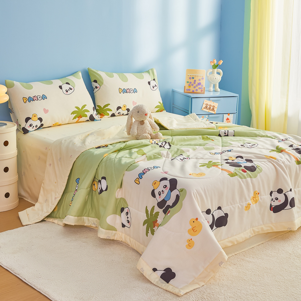 91家纺网 家纺一手货源 找家纺 尊妙被业 2026年新款全棉纯棉印花100%棉花夏被四件套被子被芯-卡通风 熊猫戏水-绿