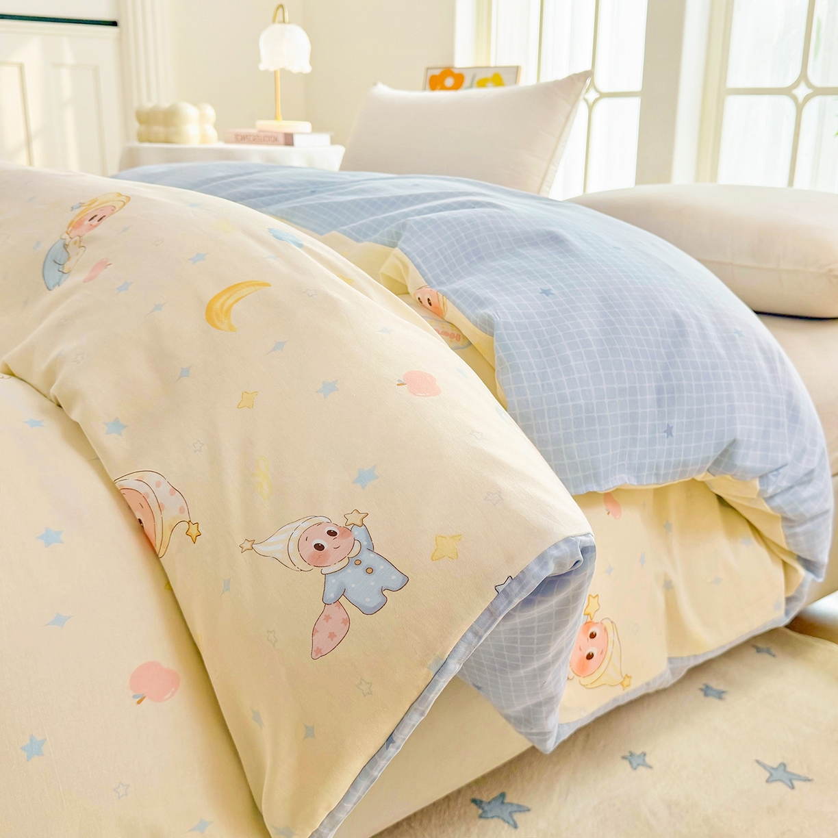 91家纺网 家纺一手货源 找家纺 安逸家纺 2026新款全棉纯棉印花12868系列-被套单件单被套 蓝色星星人