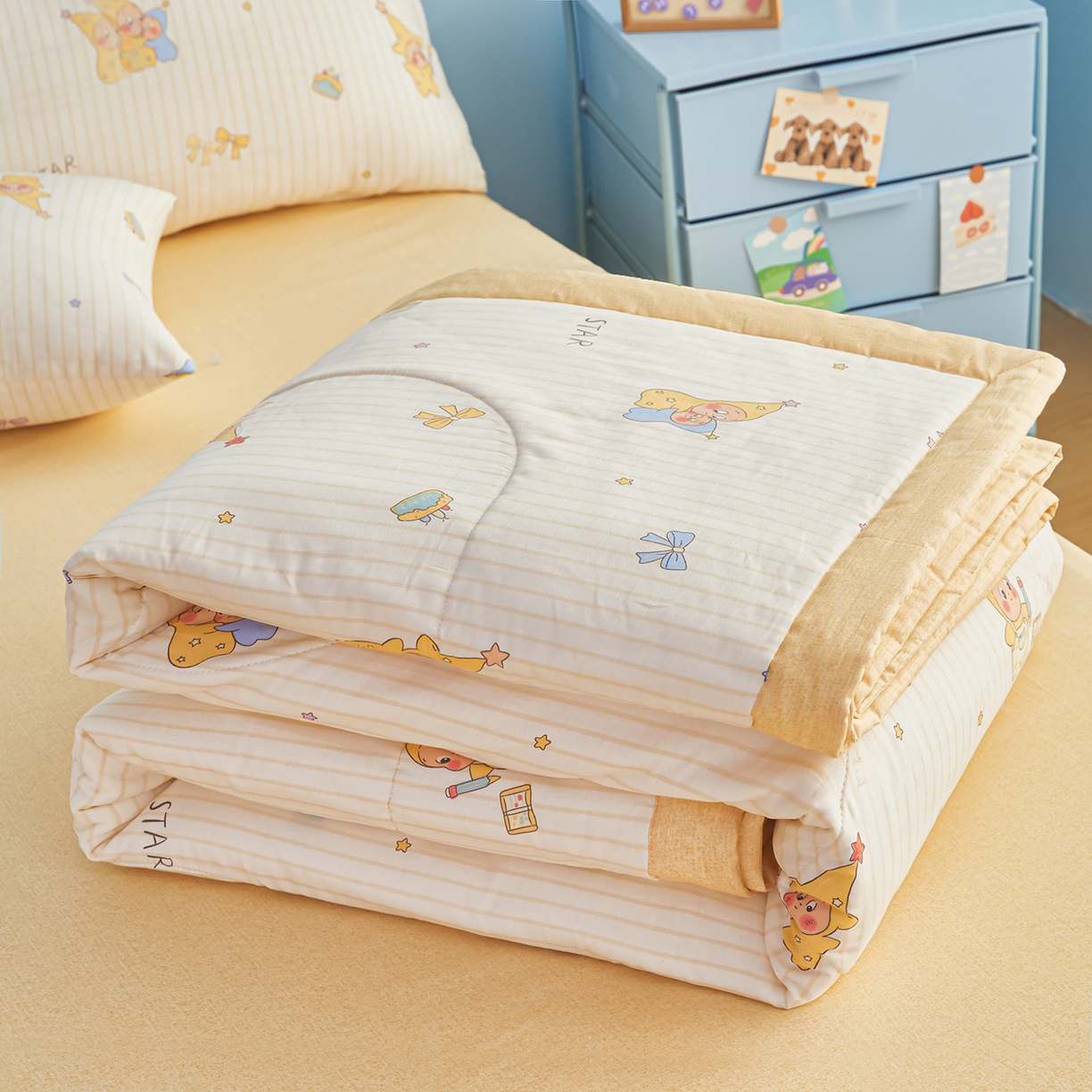 91家纺网 家纺一手货源 找家纺 尊妙被业 2026年新款全棉纯棉印花100%棉花夏被四件套被子被芯-卡通风 星星宝贝