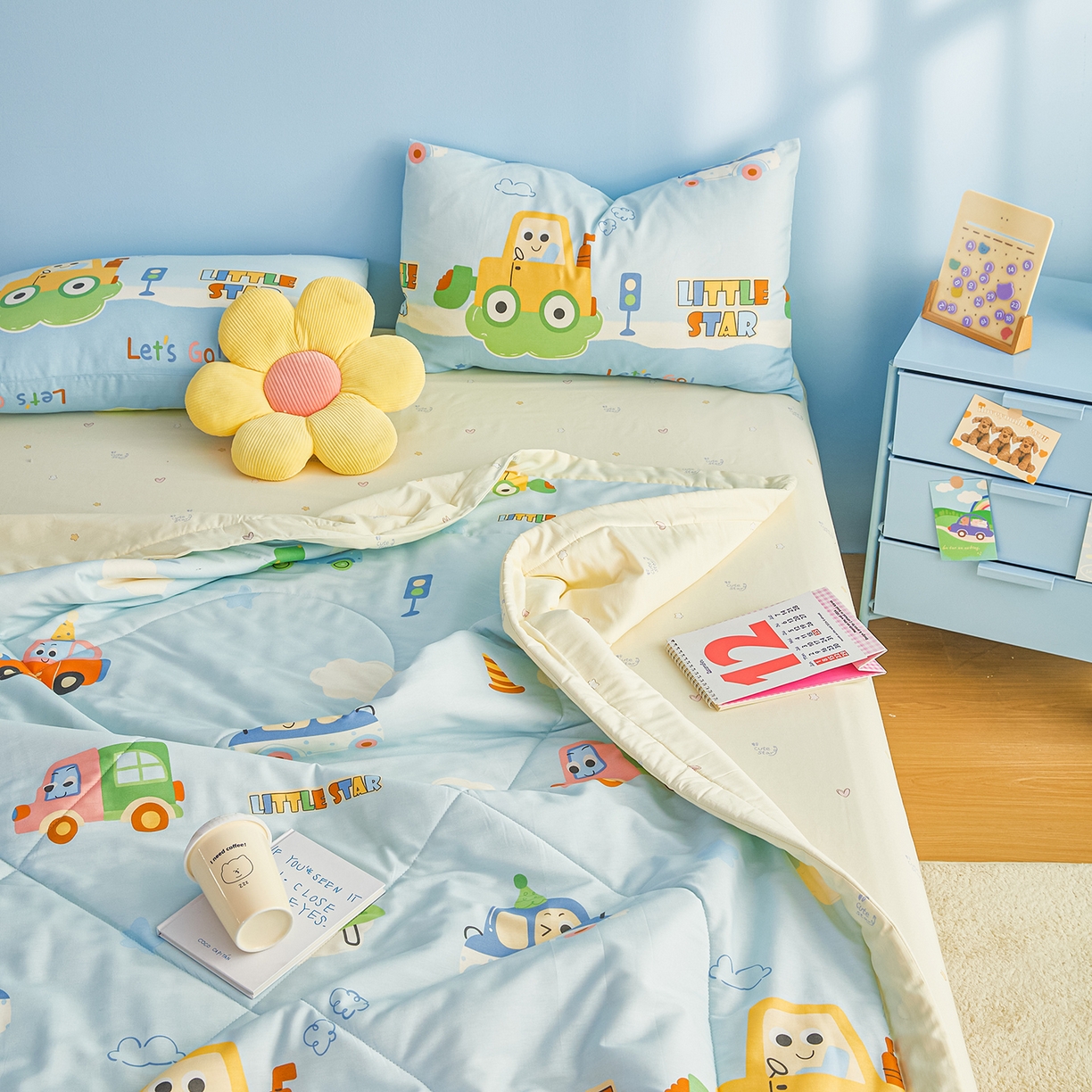 91家纺网 家纺一手货源 找家纺 尊妙被业 2026年新款全棉纯棉印花100%棉花夏被四件套被子被芯-卡通风 云朵车行