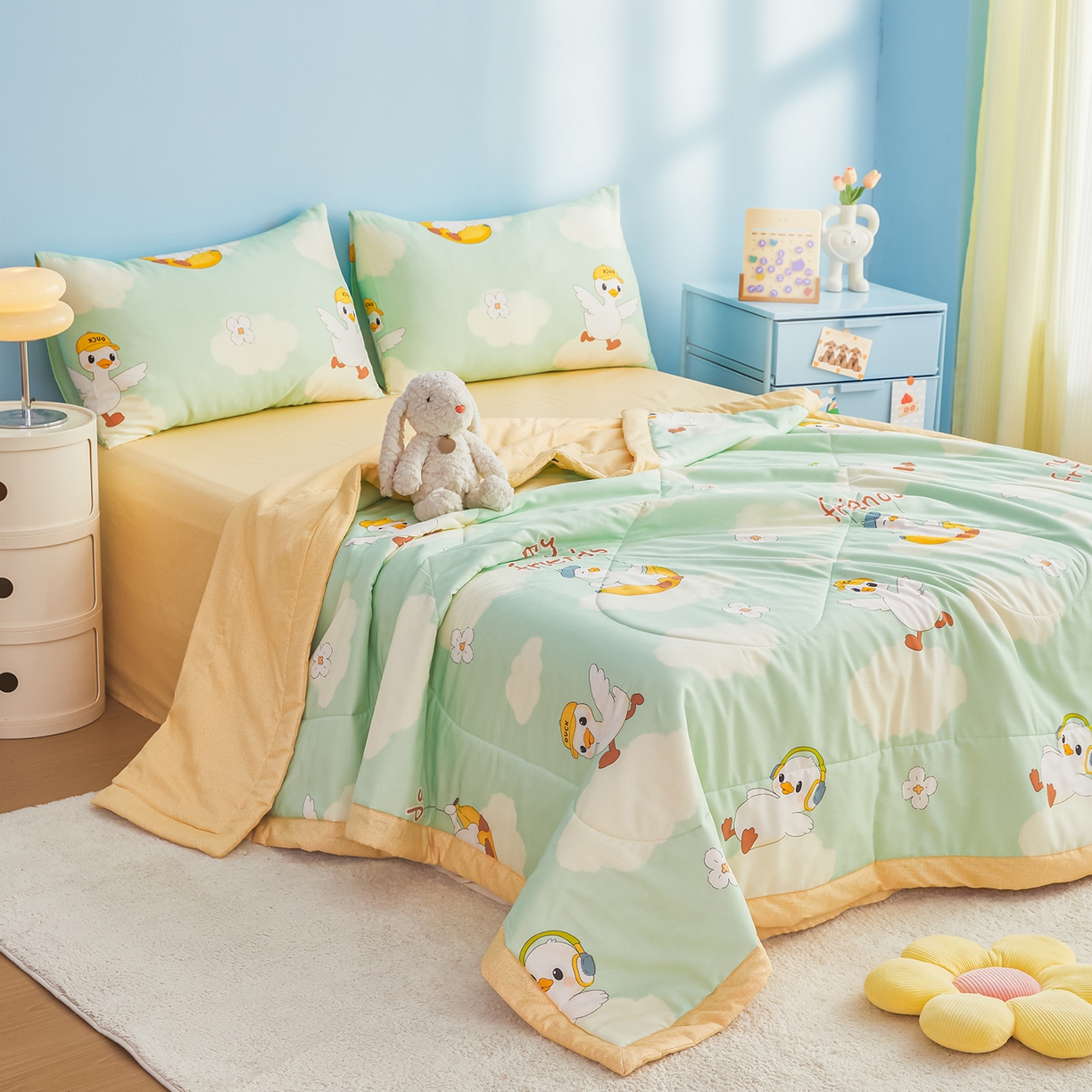 91家纺网 家纺一手货源 找家纺 尊妙被业 2026年新款全棉纯棉印花100%棉花夏被四件套被子被芯-卡通风 可达鸭