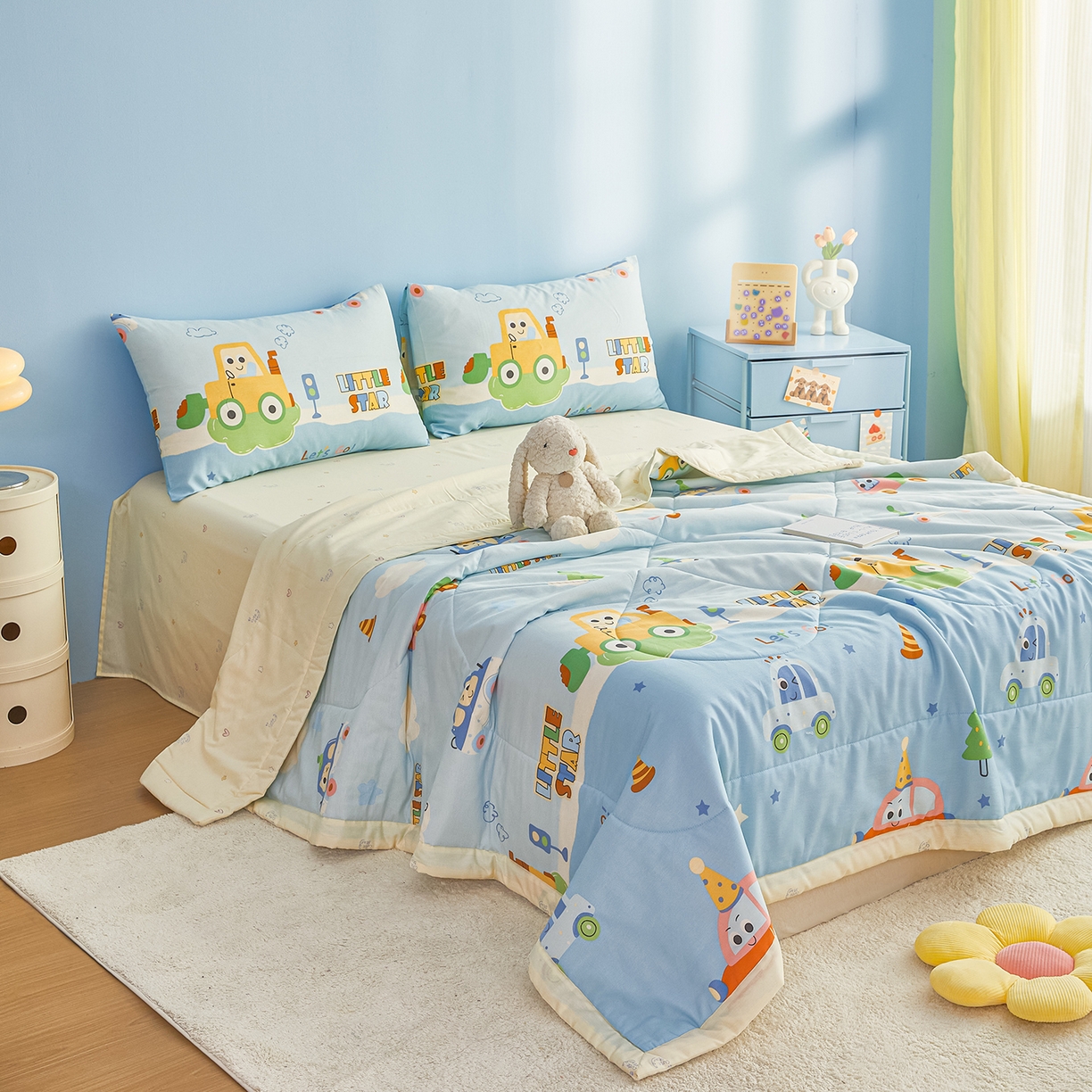 91家纺网 家纺一手货源 找家纺 尊妙被业 2026年新款全棉纯棉印花100%棉花夏被四件套被子被芯-卡通风 云朵车行