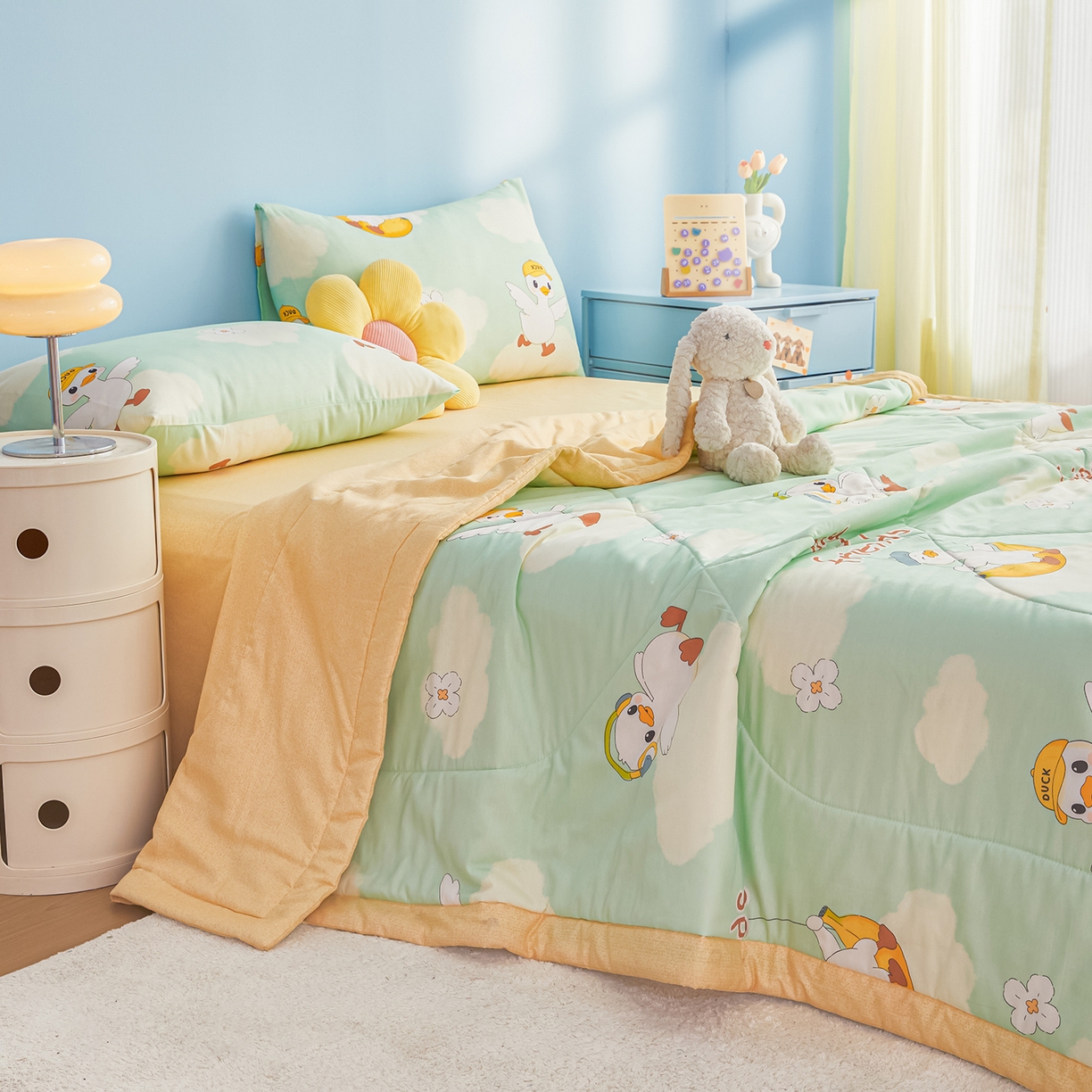 91家纺网 家纺一手货源 找家纺 尊妙被业 2026年新款全棉纯棉印花100%棉花夏被四件套被子被芯-卡通风 可达鸭