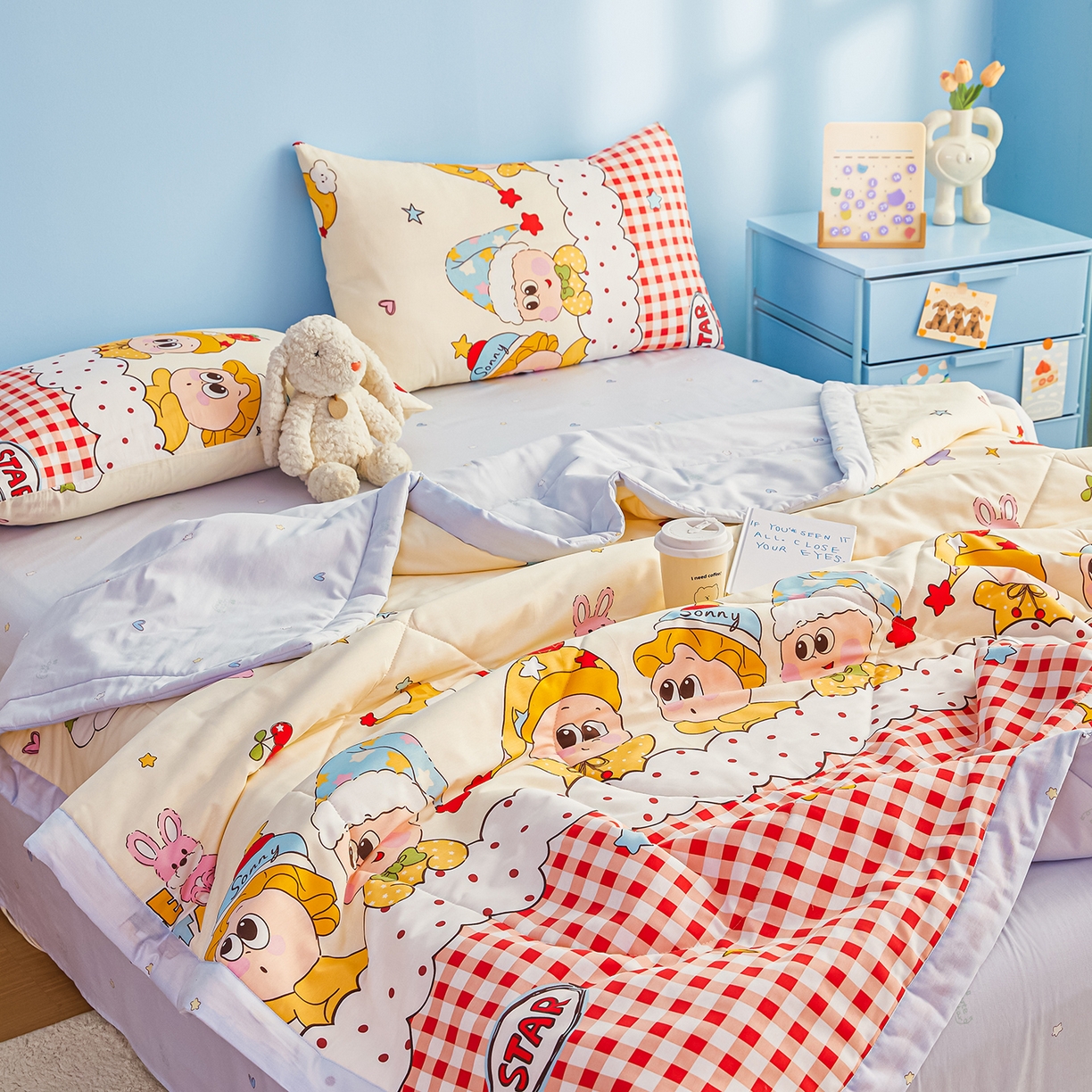 91家纺网 家纺一手货源 找家纺 尊妙被业 2026年新款全棉纯棉印花100%棉花夏被四件套被子被芯-卡通风 星星漫游记