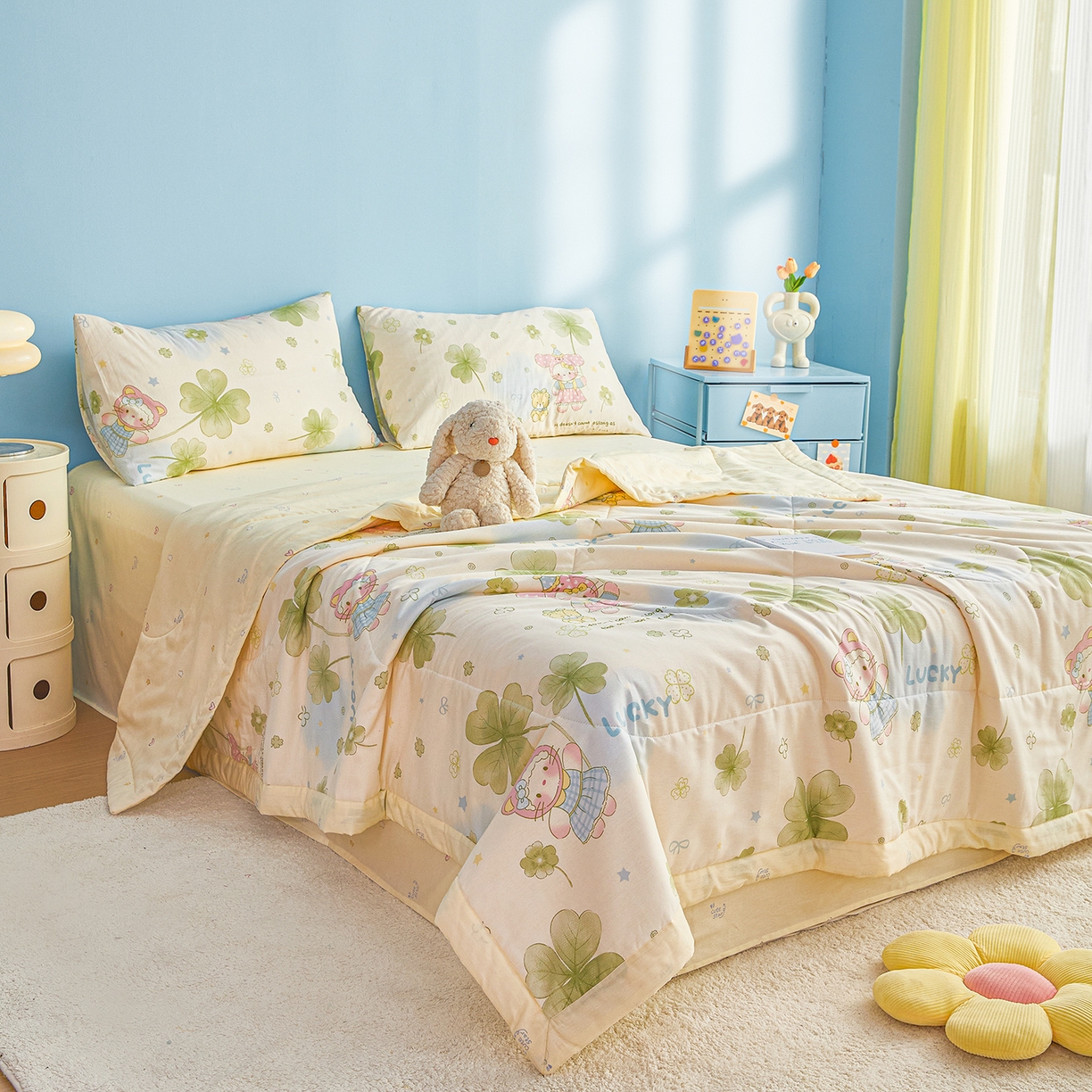 91家纺网 家纺一手货源 找家纺 尊妙被业 2026年新款全棉纯棉印花100%棉花夏被四件套被子被芯-卡通风 春日拾叶