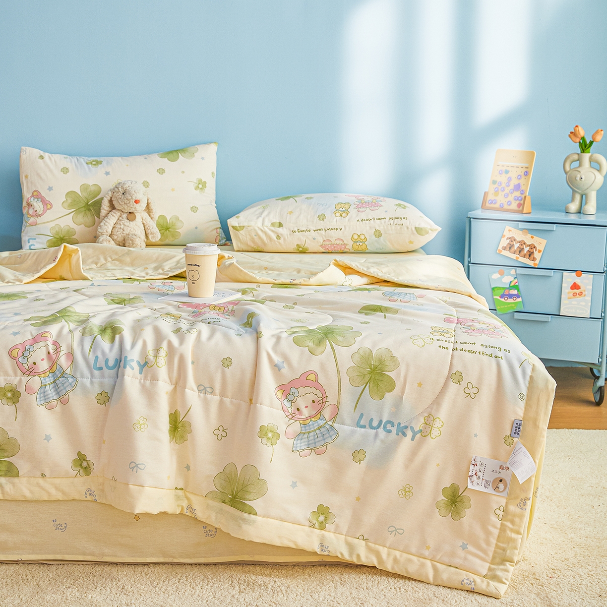 91家纺网 家纺一手货源 找家纺 尊妙被业 2026年新款全棉纯棉印花100%棉花夏被四件套被子被芯-卡通风 春日拾叶