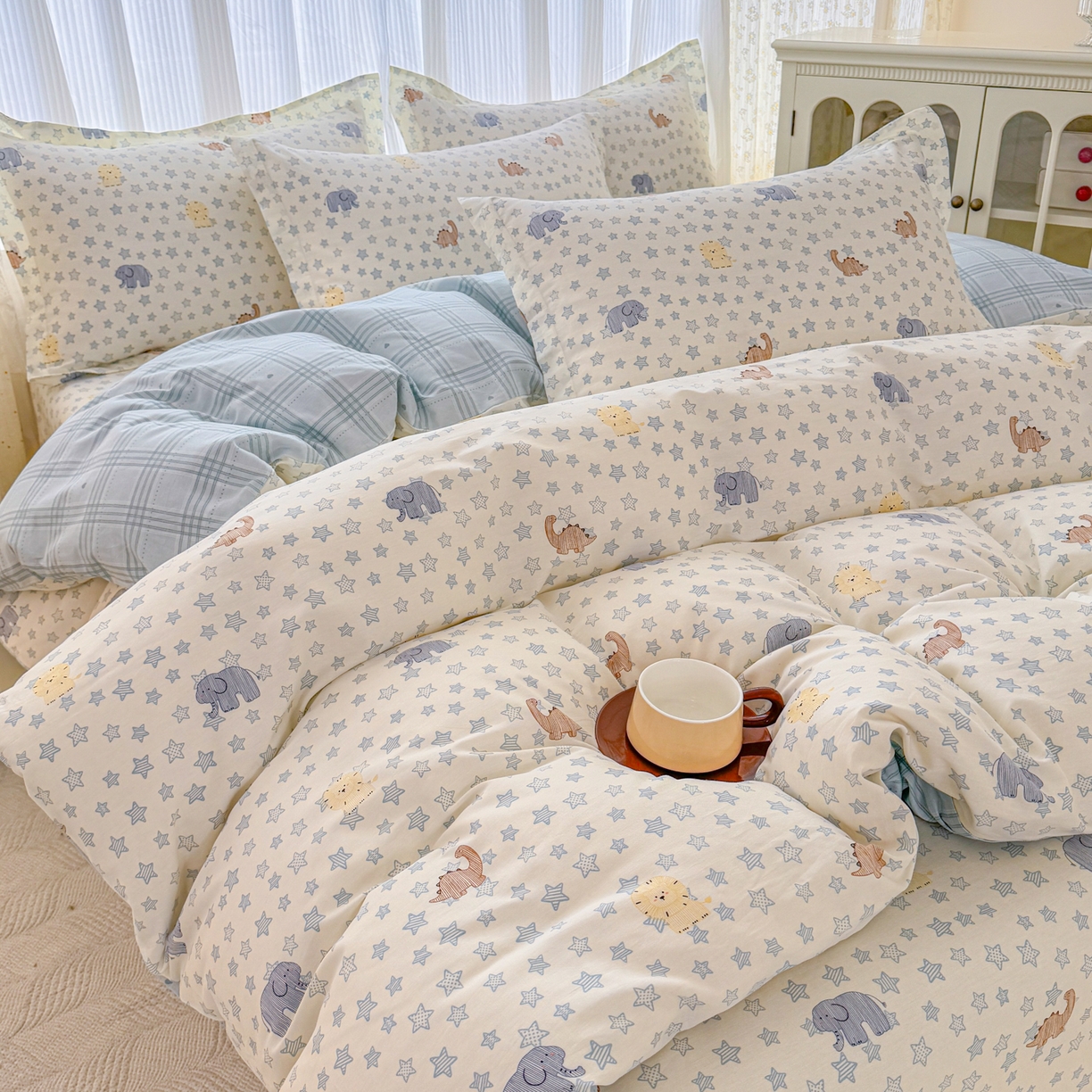 91家纺网 家纺一手货源 找家纺 安逸家纺 2026新款全棉纯棉印花12868系列-被套单件单被套 蓝星动物园