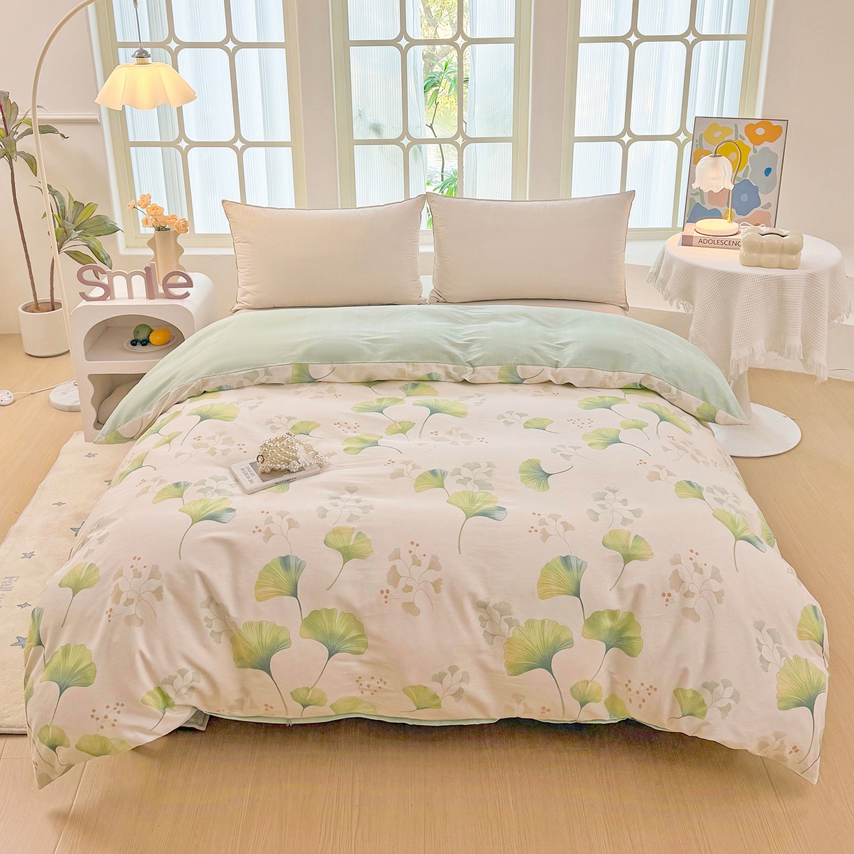 91家纺网 家纺一手货源 找家纺 安逸家纺 2026新款全棉纯棉印花12868系列-被套单件单被套 青绿银杏