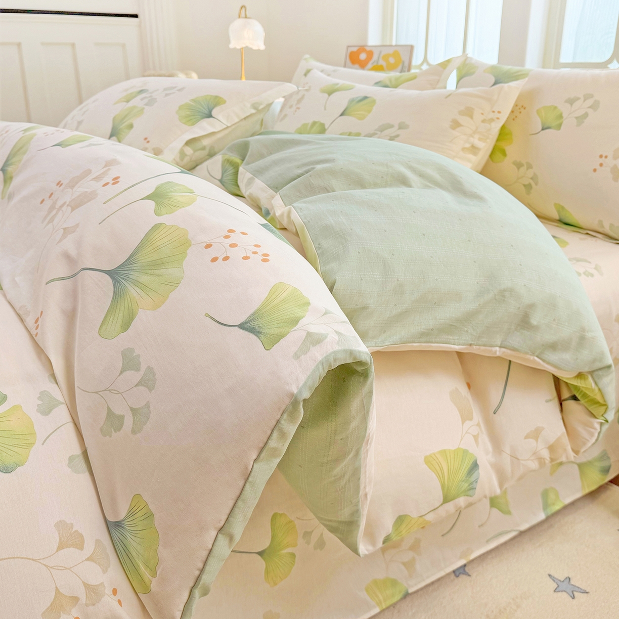 91家纺网 家纺一手货源 找家纺 安逸家纺 2026新款全棉纯棉印花12868系列-被套单件单被套 青绿银杏