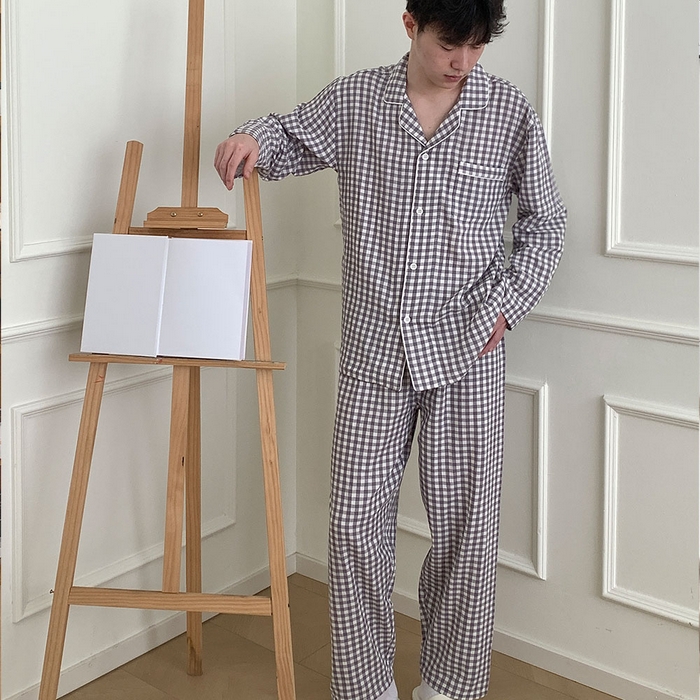 仰望棉麻双层纱供应链 2026新款糖果双层纱睡衣全棉色织提花 灰小格