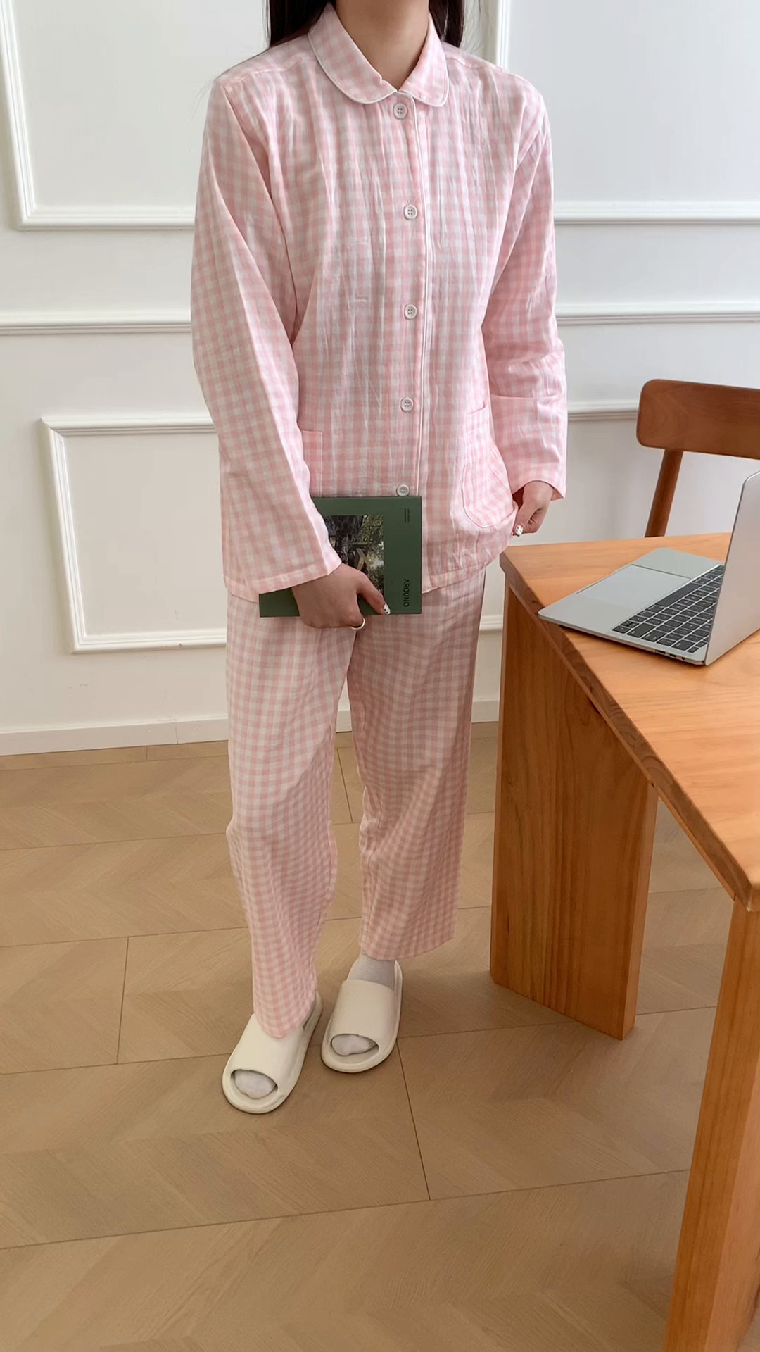 91家纺网 家纺一手货源 找家纺 仰望棉麻双层纱供应链 2026新款糖果双层纱睡衣全棉色织提花 女款-粉小格