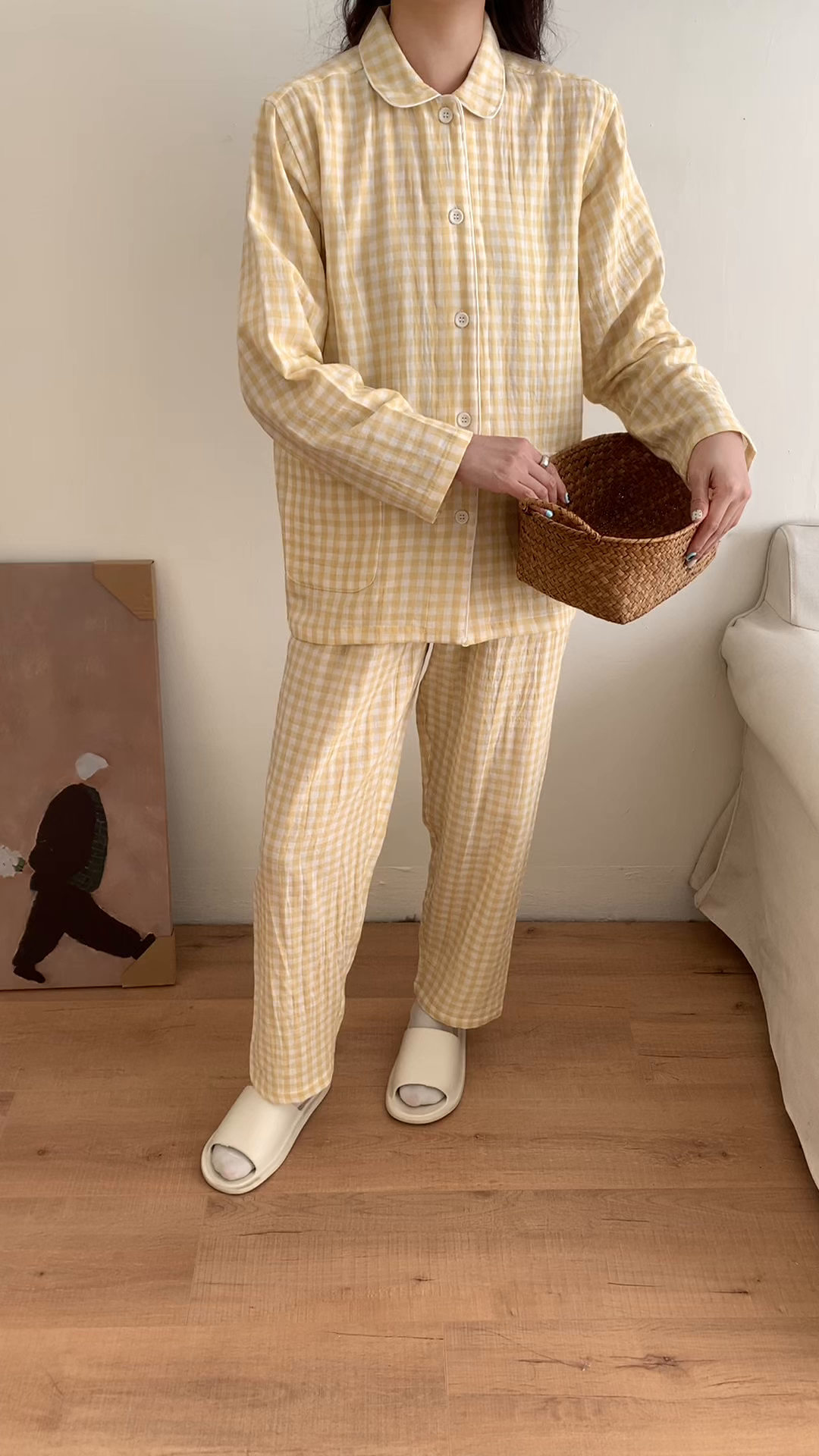 91家纺网 家纺一手货源 找家纺 仰望棉麻双层纱供应链 2026新款糖果双层纱睡衣全棉色织提花 女款-黄小格