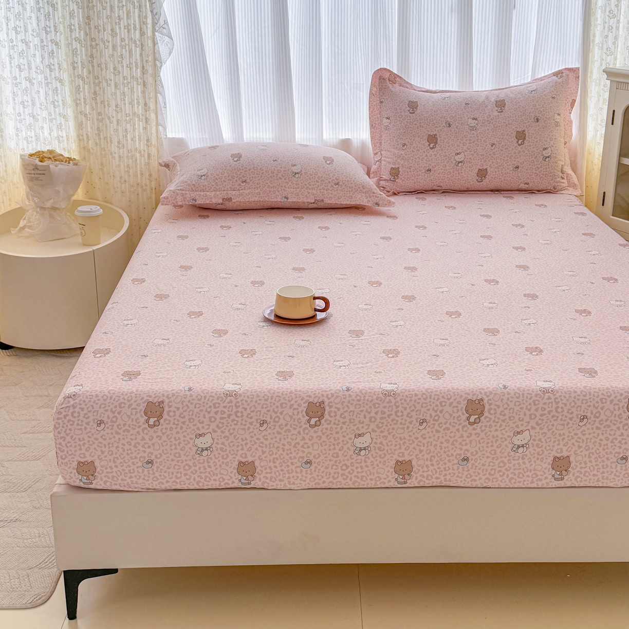 91家纺网 家纺一手货源 找家纺 安逸家纺 2026新款全棉纯棉印花12868系列-床笠单件单床笠 豹纹KT粉