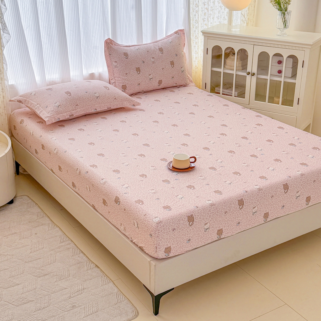 91家纺网 家纺一手货源 找家纺 安逸家纺 2026新款全棉纯棉印花12868系列-床笠单件单床笠 豹纹KT粉