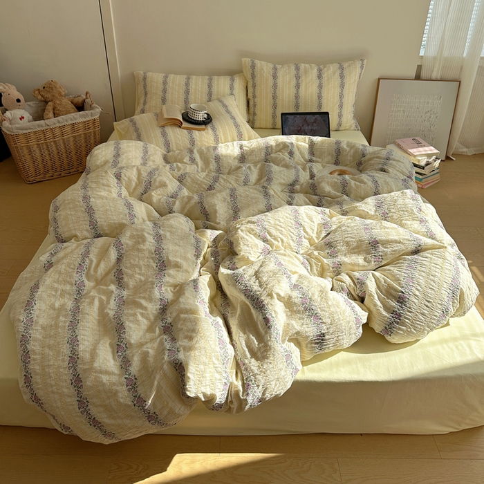 91家纺网 家纺一手货源 找家纺 六巷胡同 2026新款韩系INS博主风40S全棉色织提花四件套 弥花集-黄