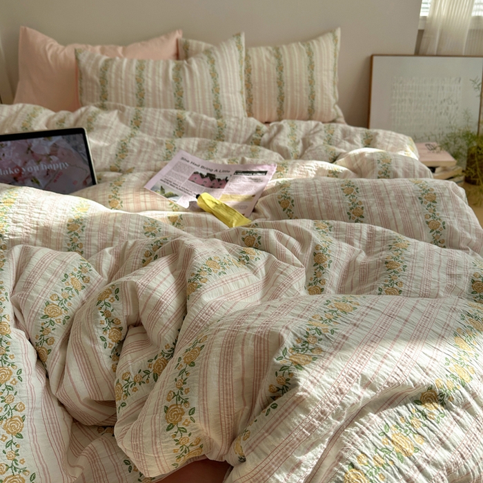 91家纺网 家纺一手货源 找家纺 六巷胡同 2026新款韩系INS博主风40S全棉色织提花四件套 弥花集-粉